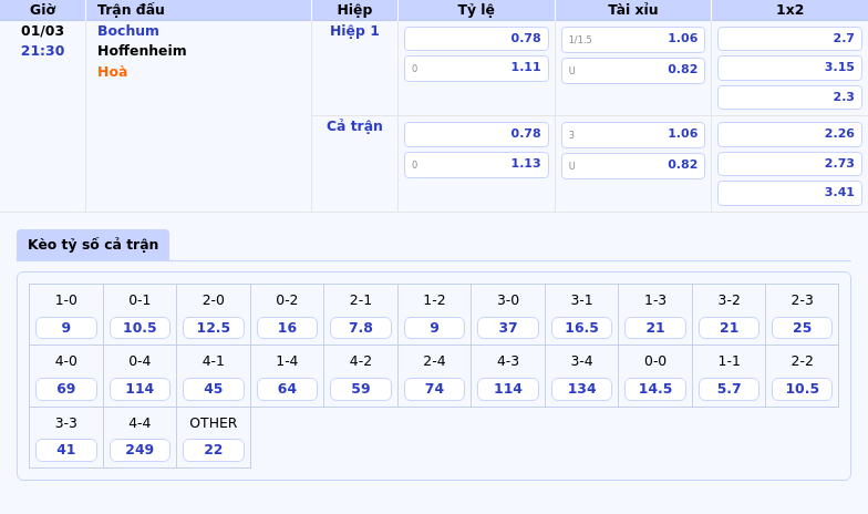 Bochum vs Hoffenheim Cuộc đọ sức cân não tại Bundesliga 1 Thông tin bảng tỷ lệ kèo bóng đá Bochum vs Hoffenheim