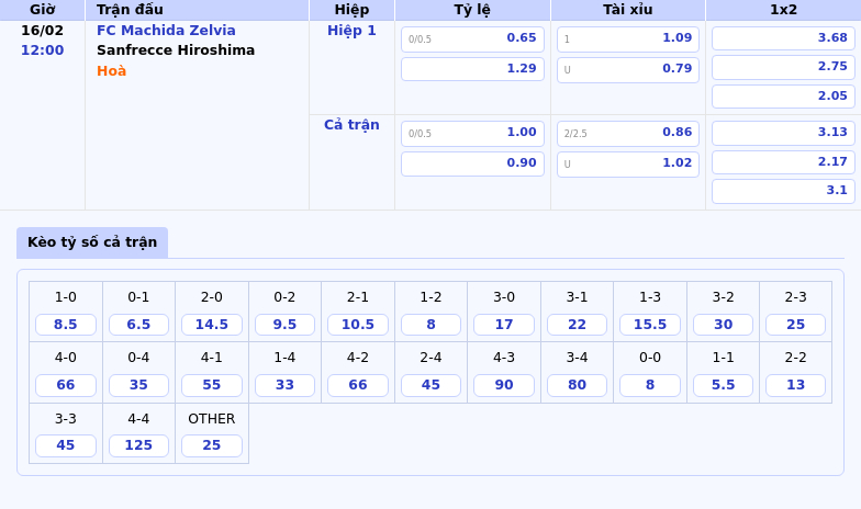 Nhận định trận đấu FC Machida Zelvia vs Sanfrecce Hiroshima Cuộc chiến không cân sức 1 Thông tin bảng tỷ lệ kèo bóng đá FC Machida Zelvia vs Sanfrecce Hiroshima